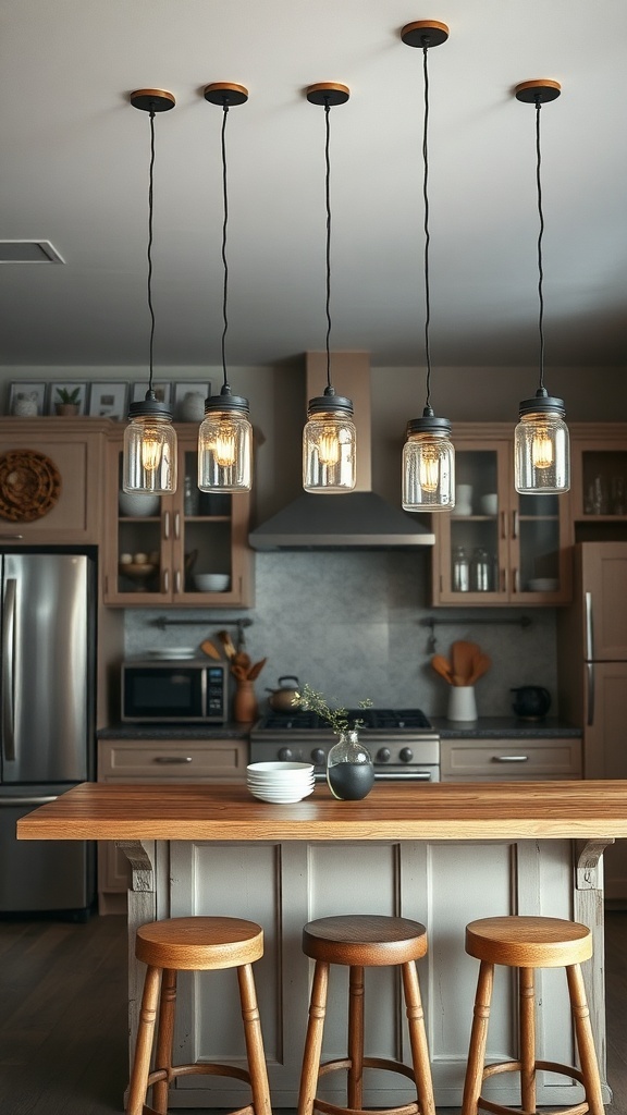 Rustic glass jar pendant lights hanging over a kitchen island.