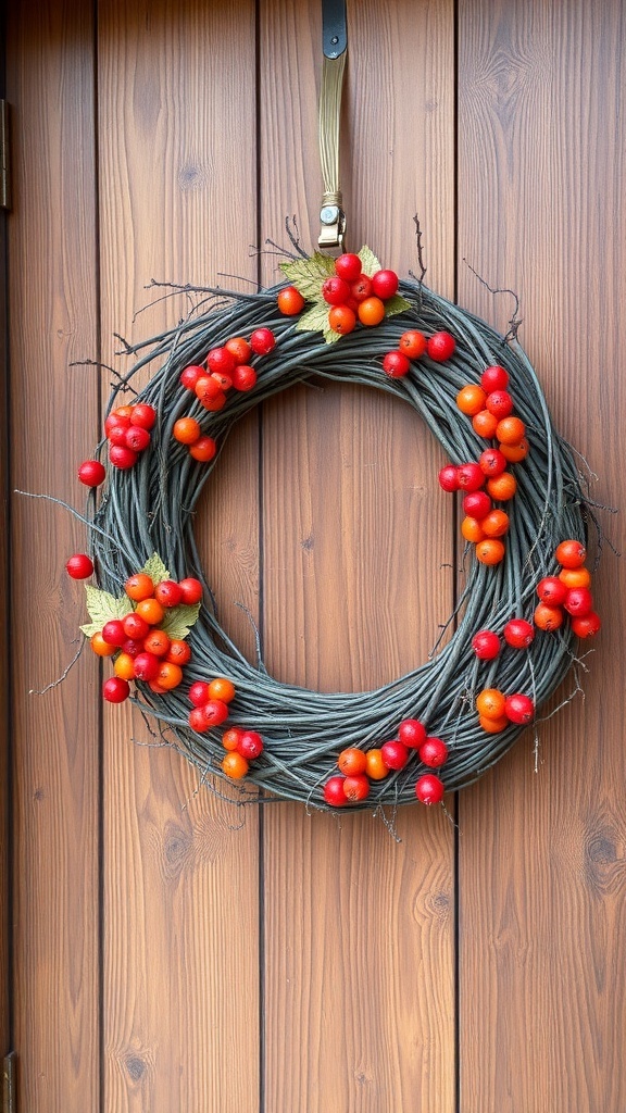 A rustic grapevine wreath adorned with red and orange berries, hanging on a wooden door.