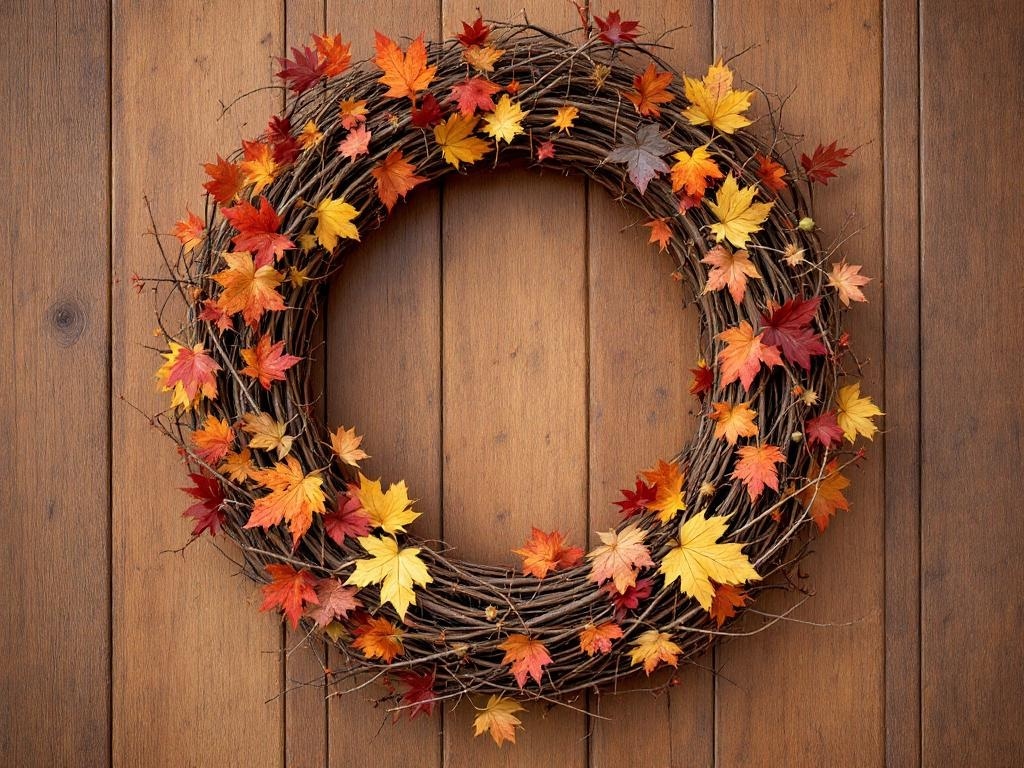 A rustic grapevine wreath adorned with dried leaves in autumn colors, hanging against a wooden background.
