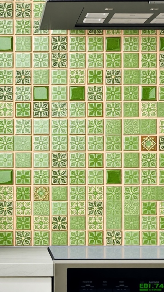 Rustic green tile backsplash in a kitchen