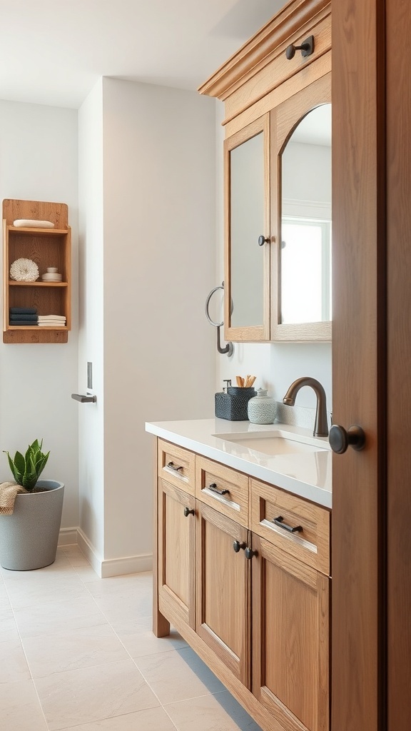 A modern rustic bathroom featuring wooden cabinetry, a sleek sink, and rustic hardware.