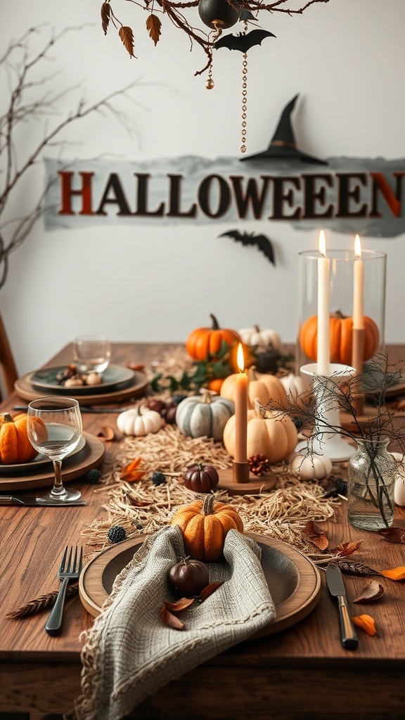 A rustic Halloween table setting with pumpkins, candles, and natural elements.