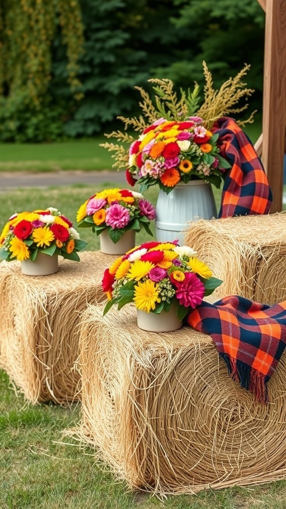 Rustic hay bales decorated with flowers and a plaid blanket in a fall setting.