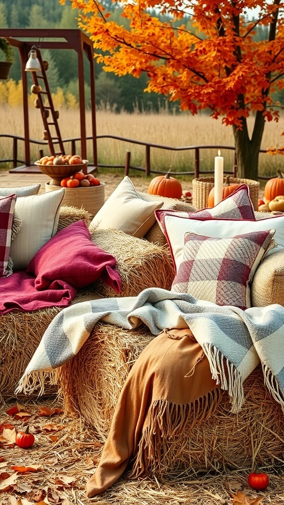 Cozy outdoor seating made of hay bales, decorated with pillows and blankets, surrounded by fall foliage and pumpkins.