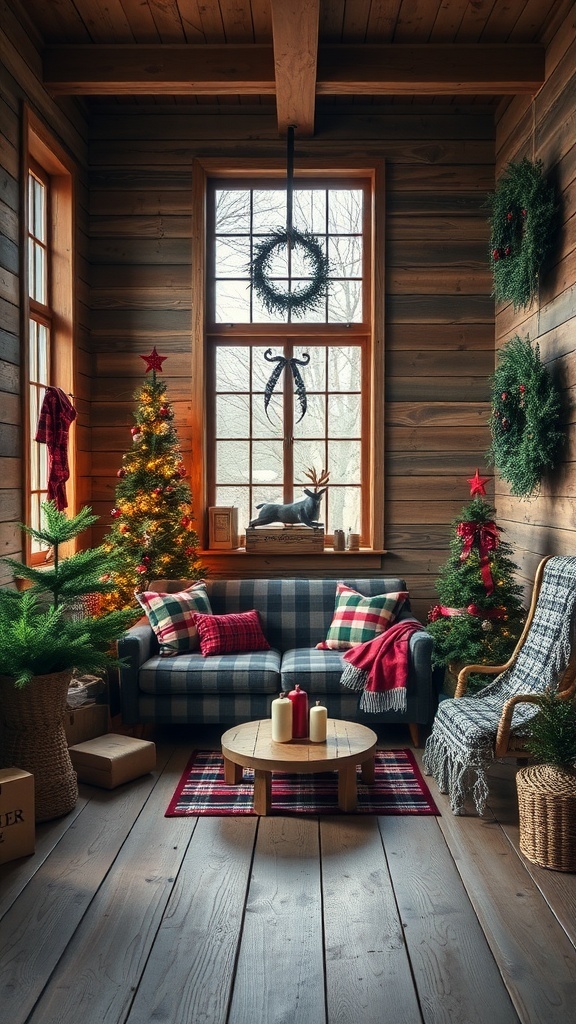 A cozy rustic holiday room with wooden walls, a plaid couch, Christmas trees, and festive decorations.