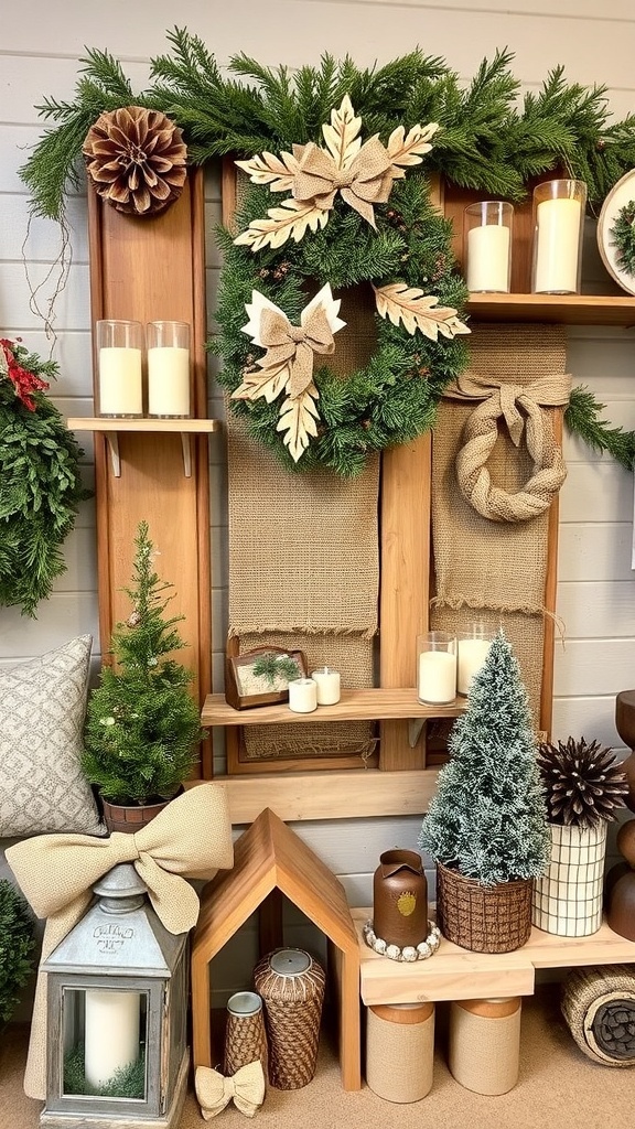 A cozy rustic holiday decor featuring a Christmas tree, snowman, and natural materials.