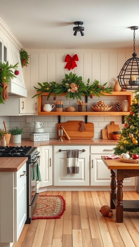 A rustic Christmas kitchen decorated with greenery, a red bow, and a small tree.