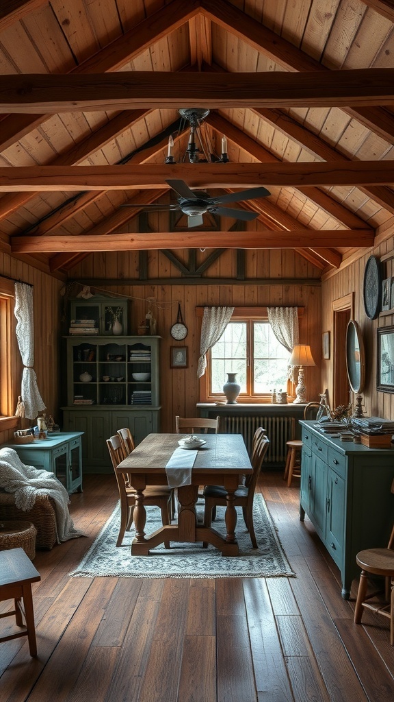 Interior of a rustic winter cabin with wooden beams and cozy furnishings.