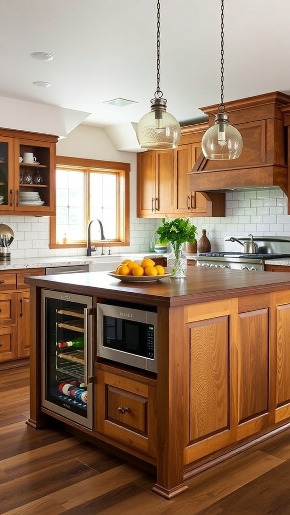 A rustic kitchen island featuring built-in appliances, including a wine cooler and microwave, with wooden cabinetry and pendant lighting.
