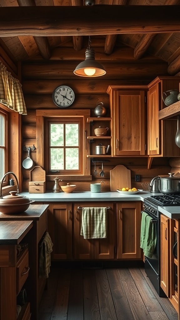 A cozy rustic kitchen with wooden cabinets and warm decor.