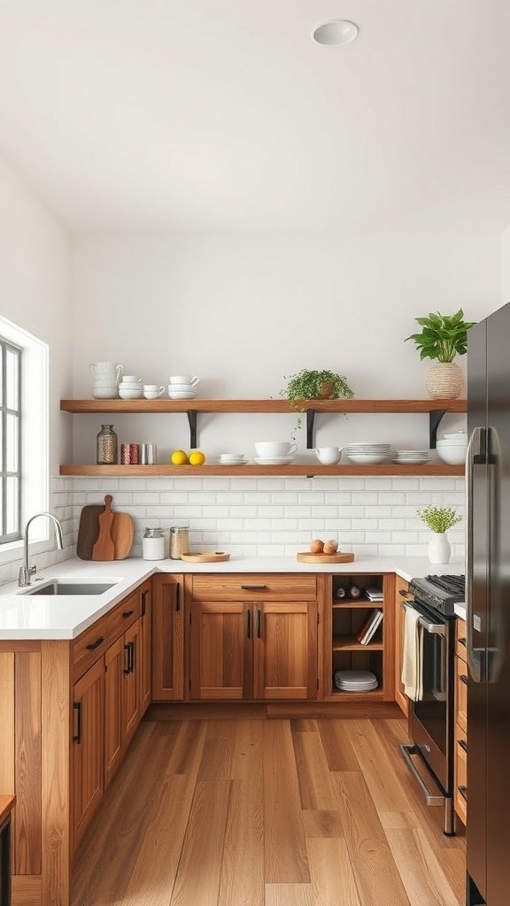 A modern rustic kitchen featuring wooden cabinets, open shelves, and a bright atmosphere.