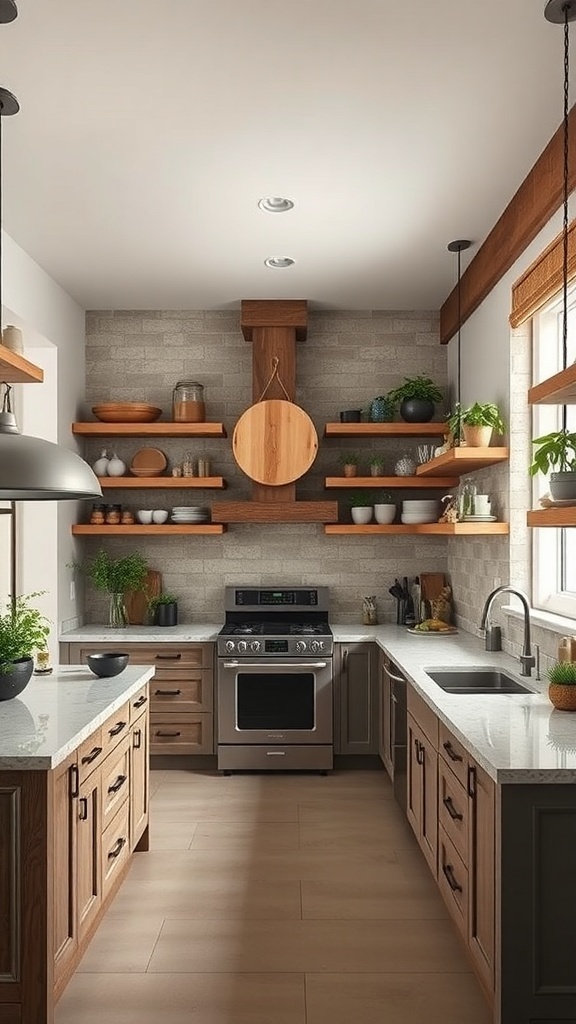A modern rustic kitchen featuring wooden cabinets, open shelves, and a cozy atmosphere.