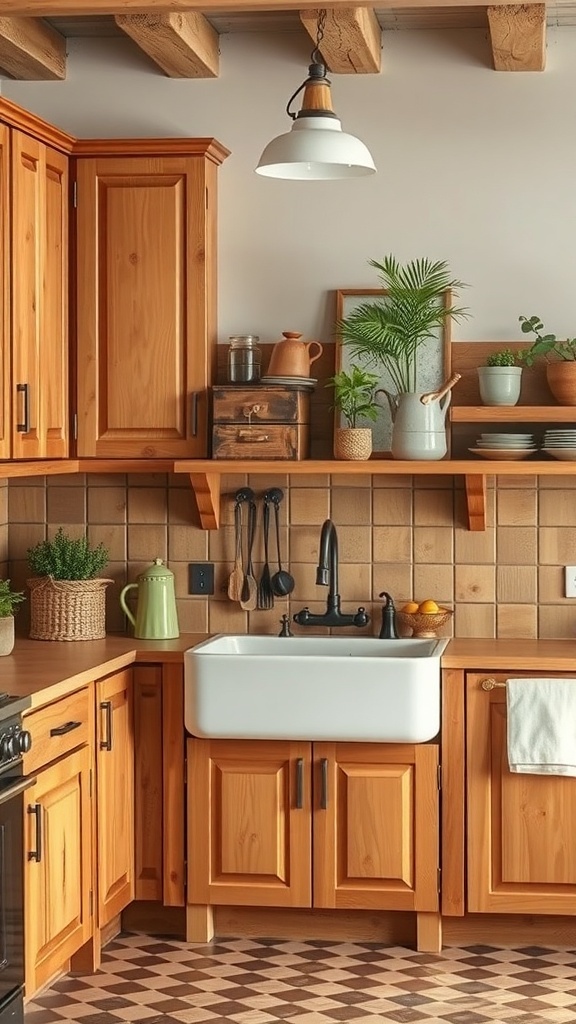 A rustic kitchen featuring wooden cabinets, a farmhouse sink, and potted plants.