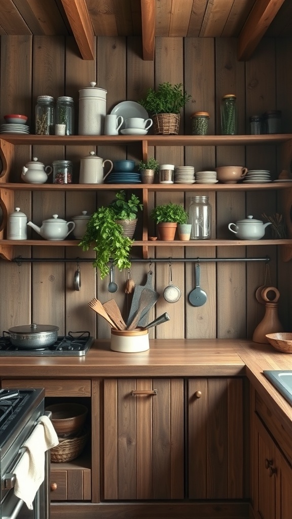 A rustic kitchen with wooden shelves displaying pots, plants, and dishes.
