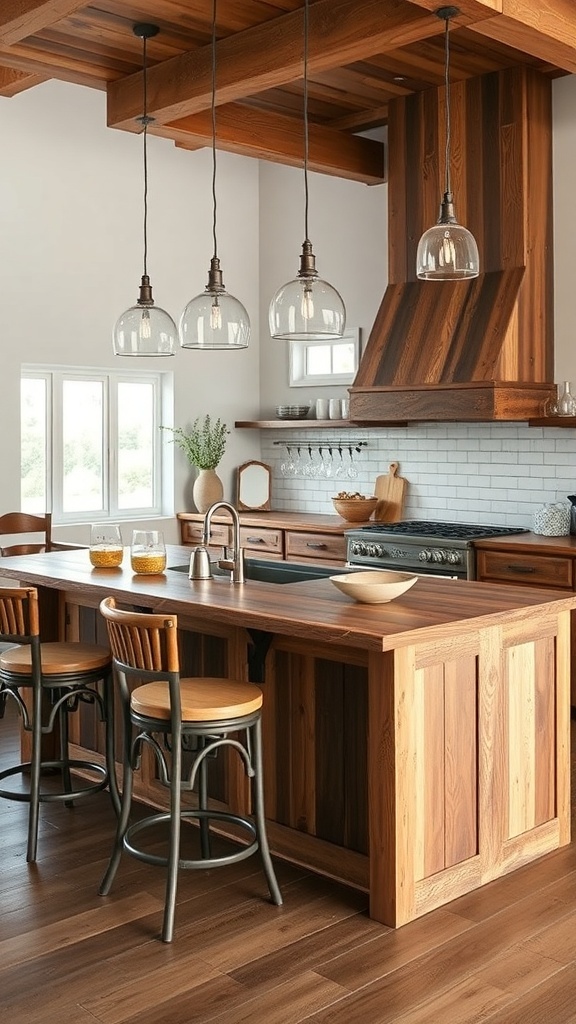 A rustic kitchen island made of rich wood with bar stools and pendant lights.