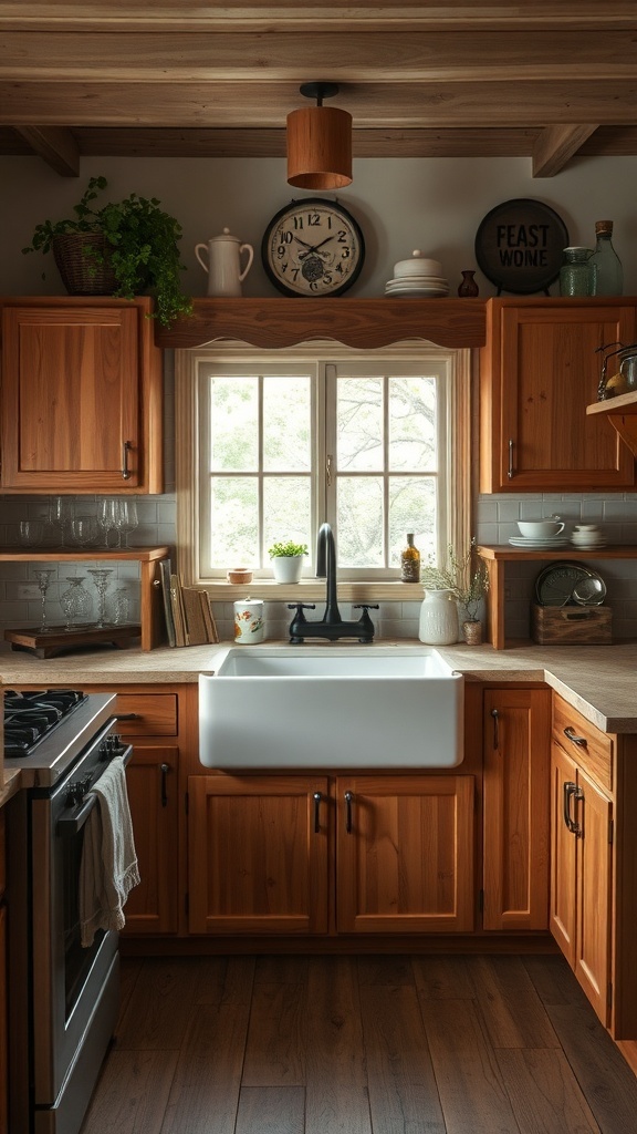 A rustic kitchen featuring wooden cabinets, a farmhouse sink, and warm lighting.