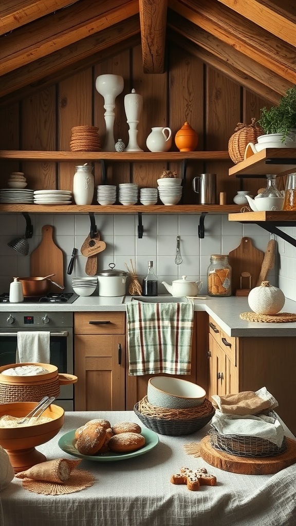 A rustic kitchen with wooden shelves, baking goods, and fresh bread on the table.