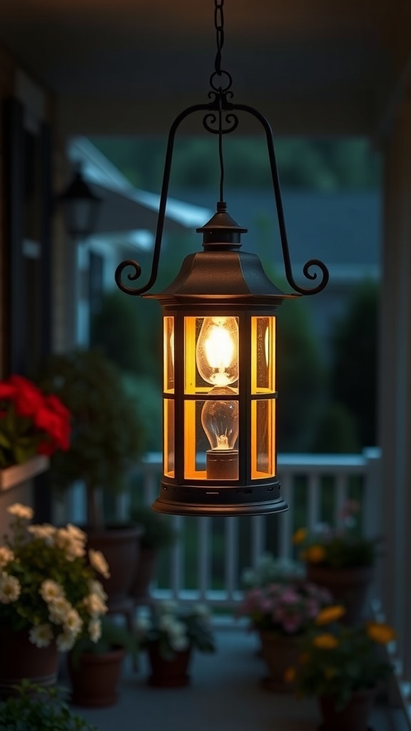 A rustic lantern-style light fixture hanging outdoors, illuminating a porch surrounded by potted flowers.
