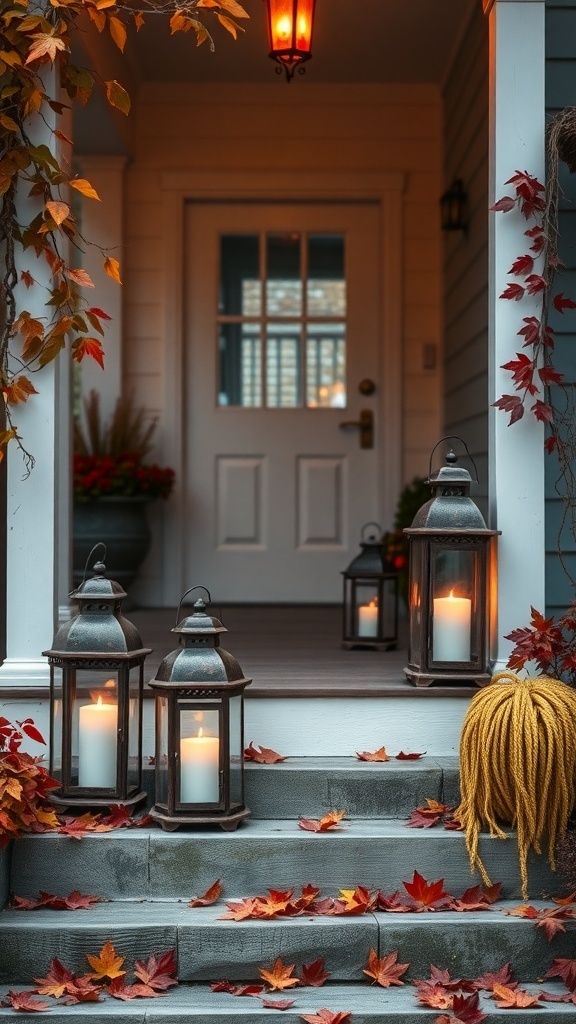 A cozy porch decorated with rustic lanterns and autumn leaves
