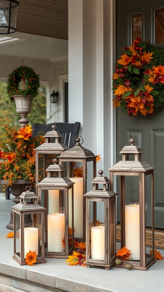 A rustic display of lanterns with candles on a porch, surrounded by fall leaves and a wreath.
