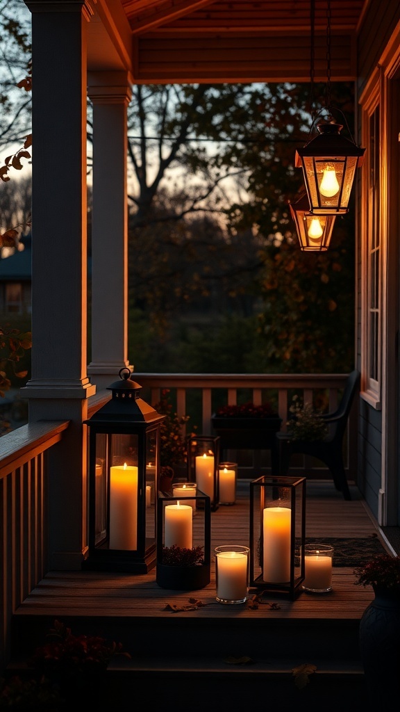 A cozy porch decorated with rustic lanterns and candles, creating a warm atmosphere during fall.