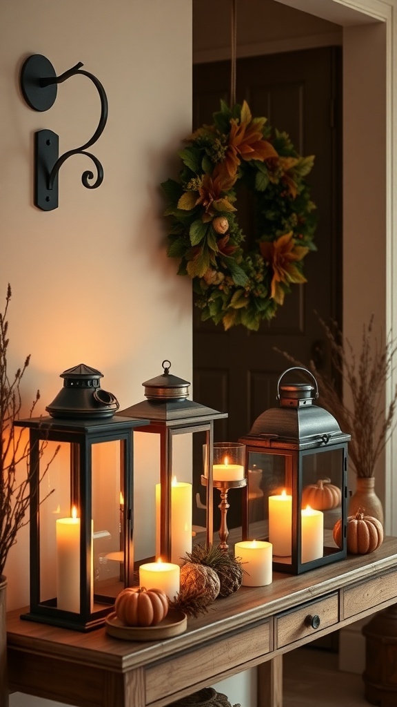 A cozy fall entry table decorated with rustic lanterns, candles, and small pumpkins.