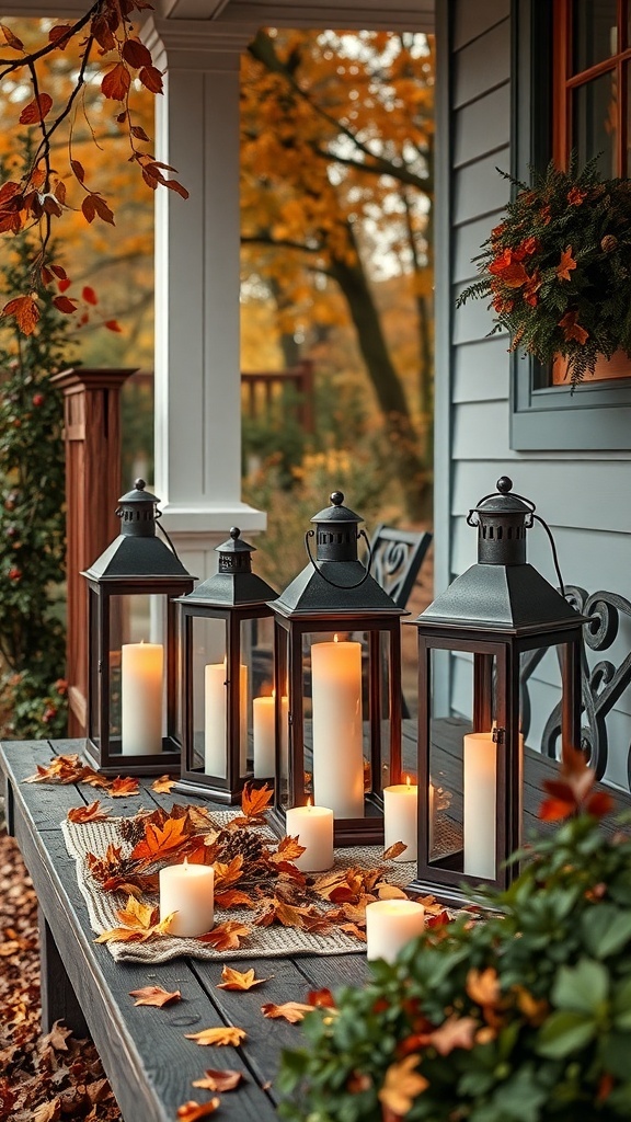 Rustic lanterns and candles on a front porch table surrounded by autumn leaves