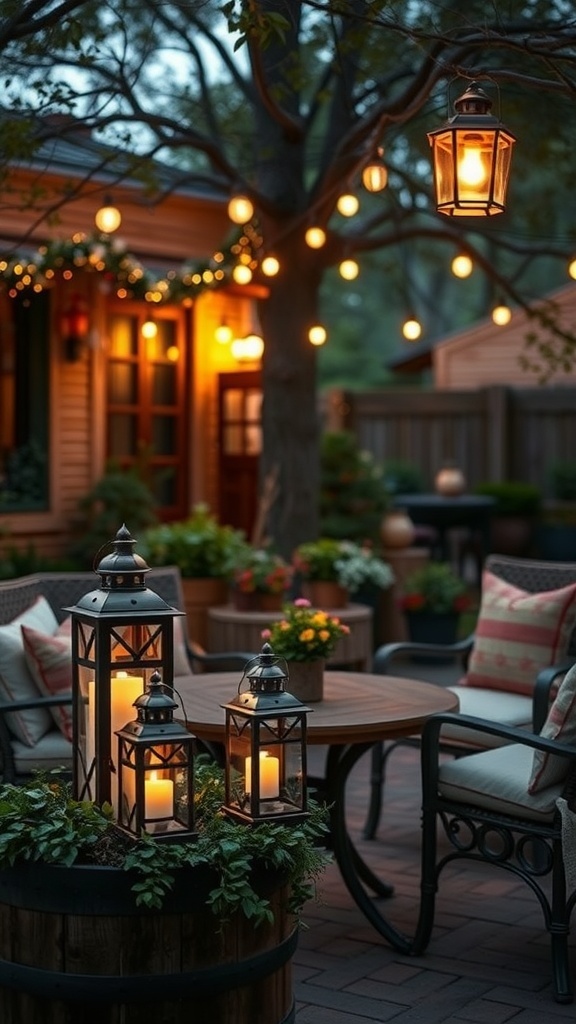 A cozy outdoor setting with rustic lanterns, string lights, and comfortable seating.