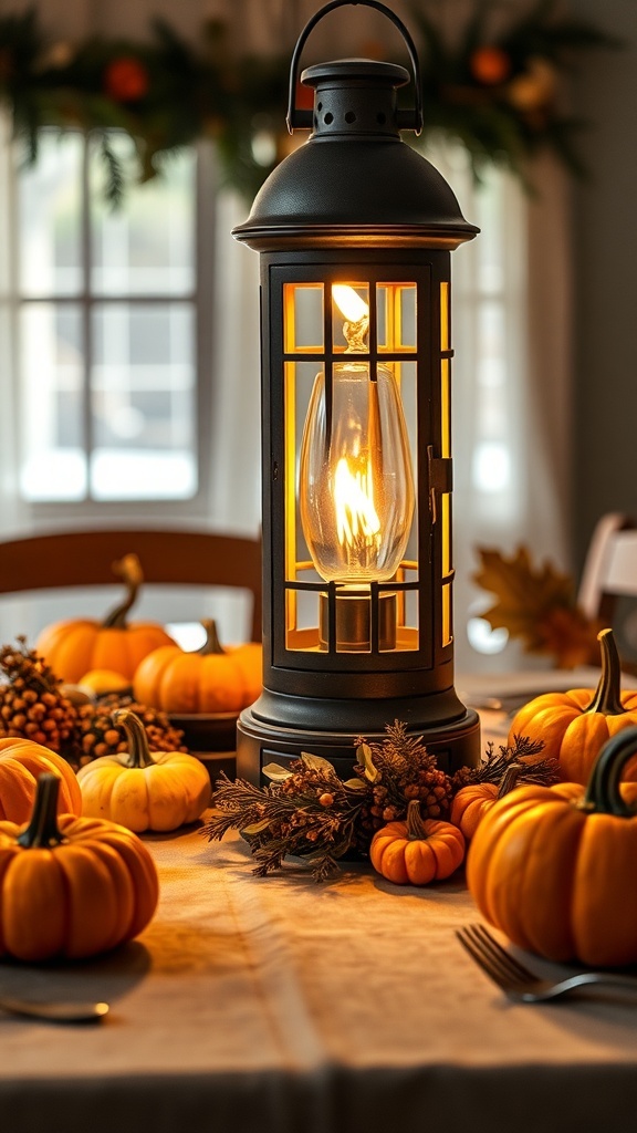 A rustic lantern with a flickering flame surrounded by small pumpkins on a table.