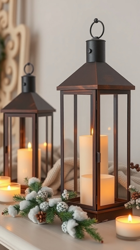 Two rustic lanterns with candles and greenery on a table