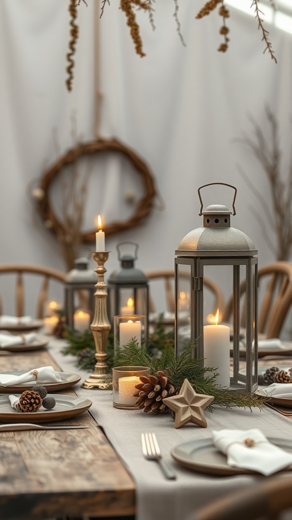 A rustic table setting featuring lanterns, candles, and natural decor.