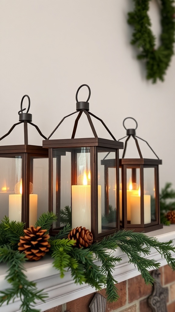 Rustic lanterns on a fireplace mantle with candles, pinecones, and greenery.