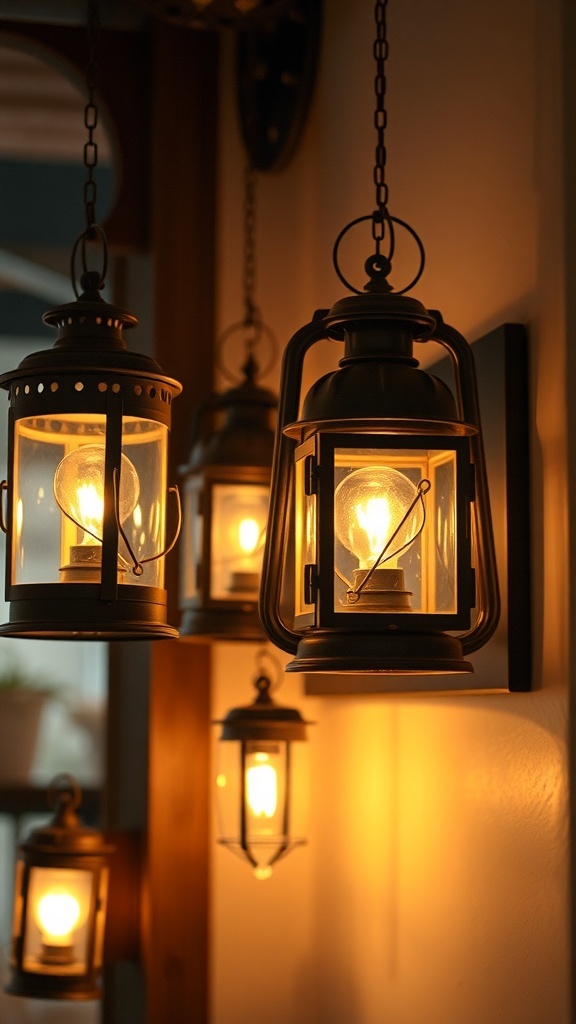 A collection of rustic lanterns hanging on a wall, glowing warmly.
