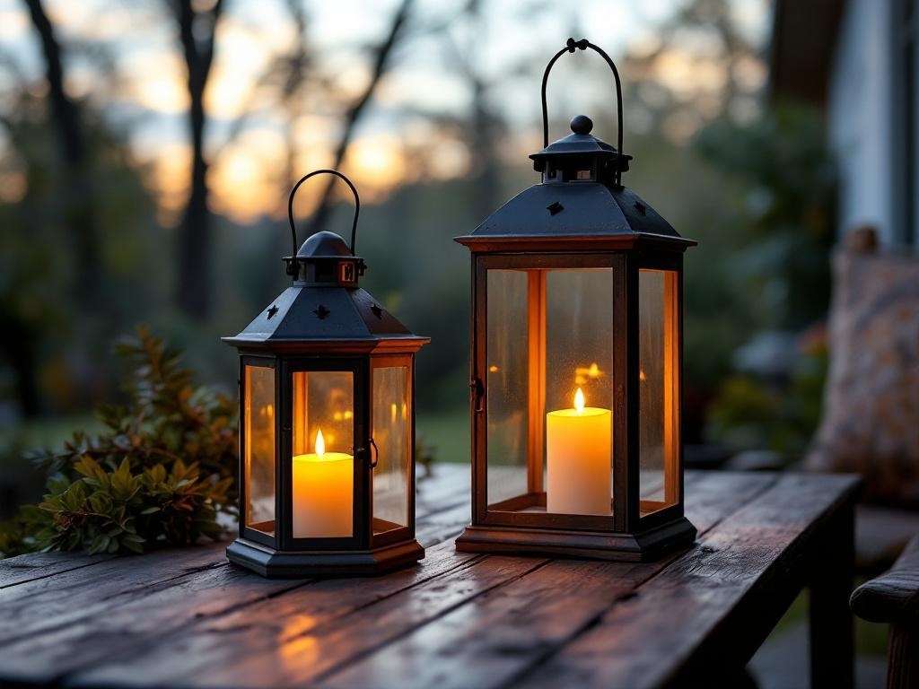 Two rustic lanterns with candles on a wooden table, surrounded by greenery, creating a warm atmosphere.