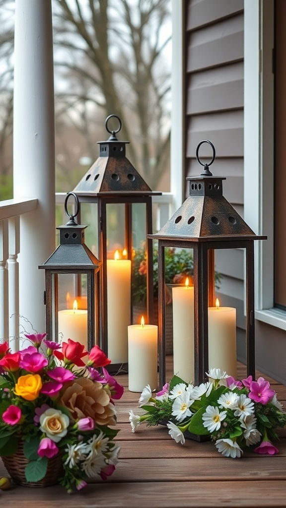 Rustic lanterns with candles surrounded by colorful flower arrangements on a porch.
