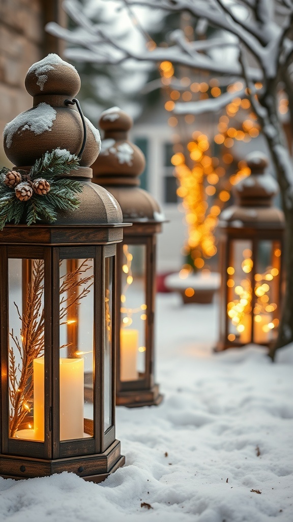 Rustic lanterns with fairy lights in a snowy setting