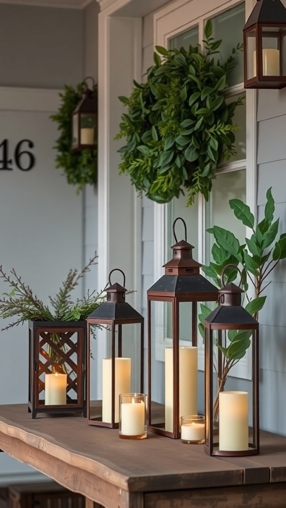Rustic lanterns on an entryway table decorated with greenery and candles.