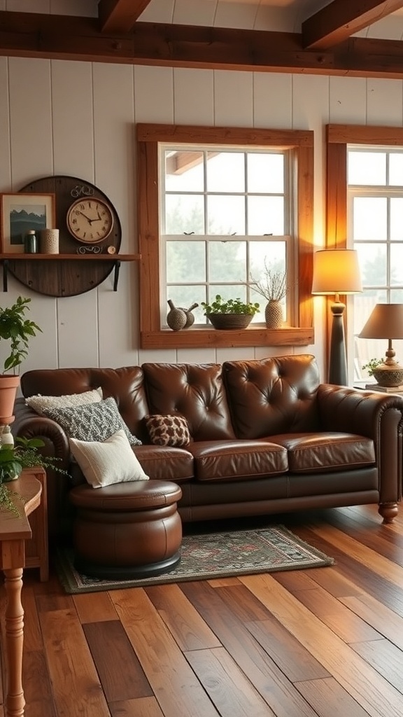 A rustic leather couch in a farmhouse living room with wooden accents and plants.