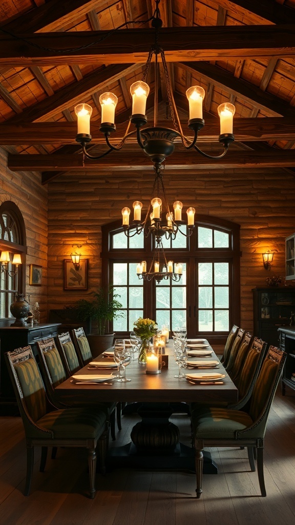 A rustic dining area with elegant lighting fixtures and a long table set for a meal.