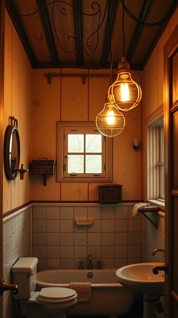 A rustic bathroom with warm lighting fixtures and vintage decor.