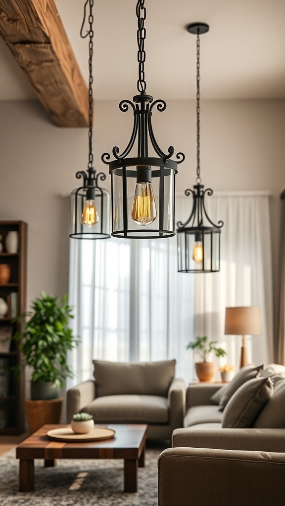 Rustic lighting fixtures in a country cottage living room
