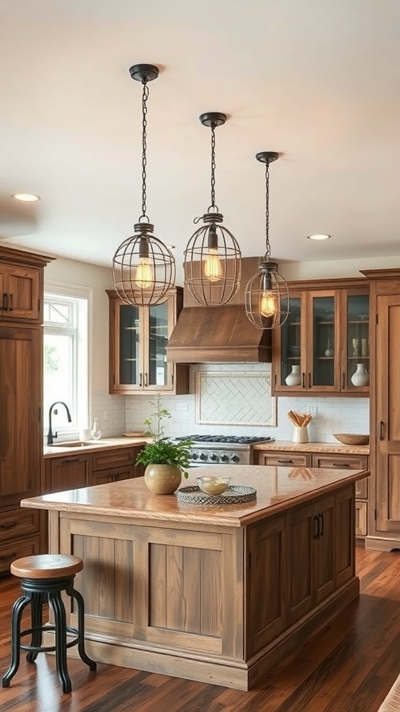 Rustic farmhouse kitchen with pendant lighting and wooden island.