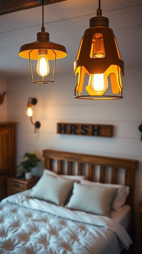 Cozy farmhouse bedroom with rustic lighting fixtures