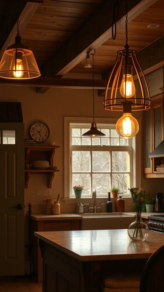 A boho farmhouse kitchen featuring rustic lighting fixtures with warm bulbs.