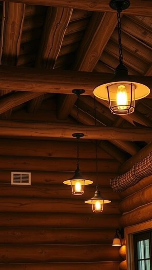 Rustic lighting fixtures hanging from a log cabin ceiling