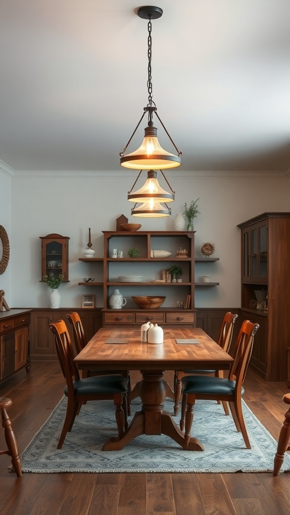 A rustic pendant light hanging over a wooden dining table in a modern farmhouse setting.