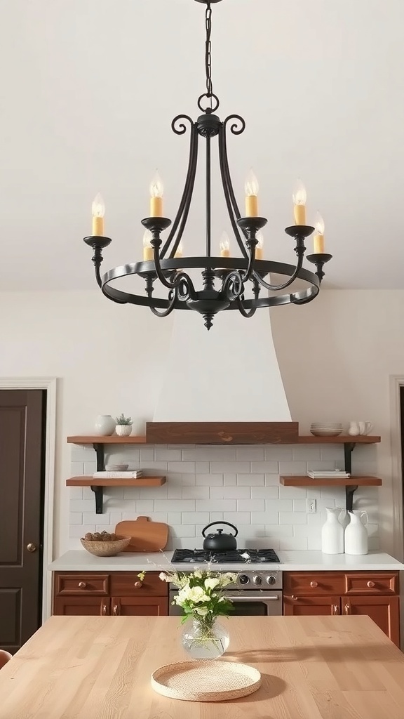 A rustic chandelier hanging in a farmhouse kitchen.
