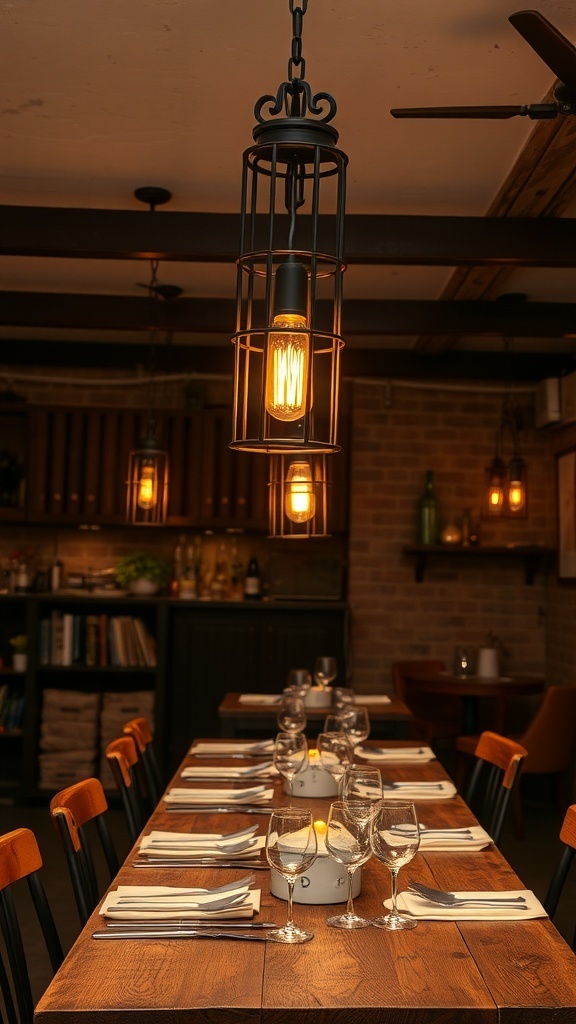 A rustic dining area with warm lighting fixtures hanging above a wooden table.