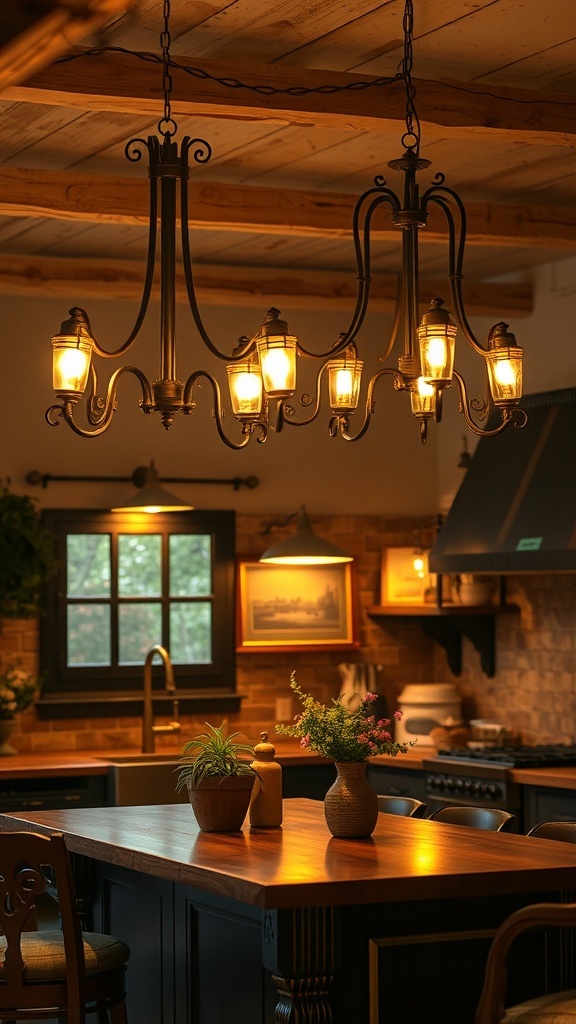 A rustic chandelier hangs over a wooden kitchen island, providing warm light in a cozy kitchen setting.