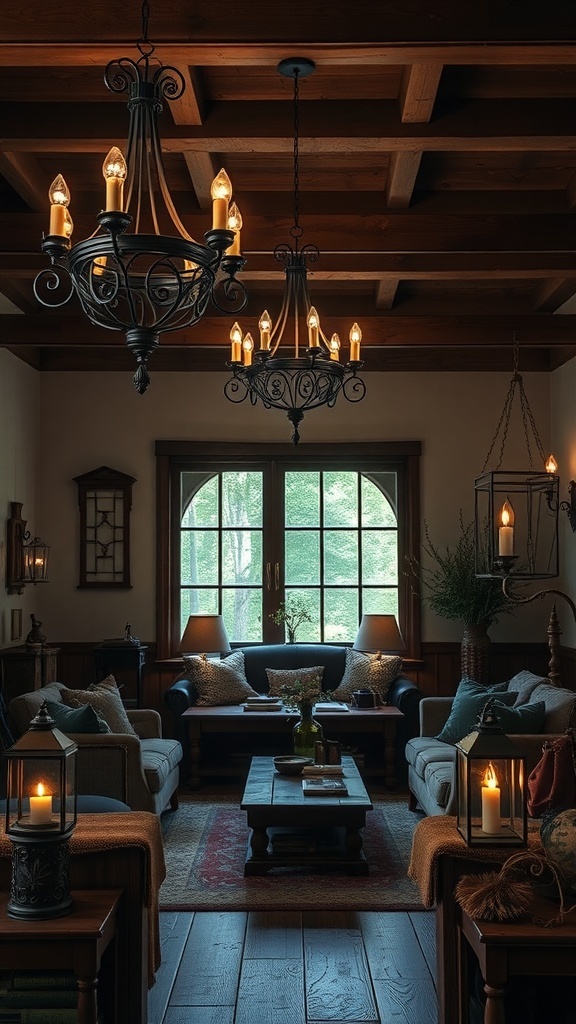 A rustic living room featuring wrought iron chandeliers and lanterns.